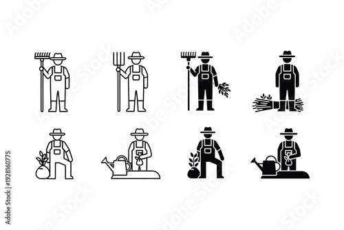 Eight vintage-style illustrations of gardeners engaged in various gardening activities