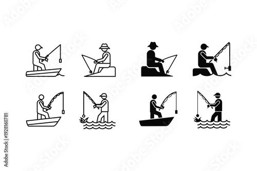 Vintage illustrations of people engaging in various fishing techniques and styles