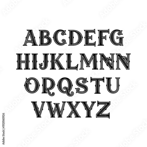 Foto Vintage Engraved Alphabet Letters Set Black and White Typography.