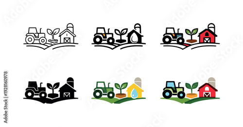Precision farming icon featuring a tractor, plant seedling, irrigation droplet, and barn, representing smart agriculture