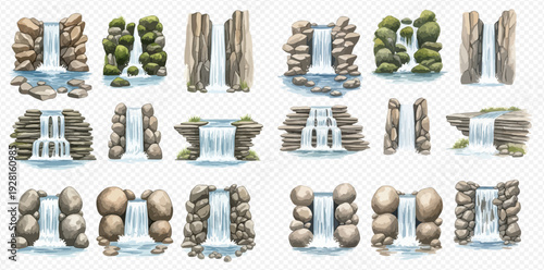 Set of cartoon waterfalls and cascades with rocks and stones, natural water streams flowing down.
