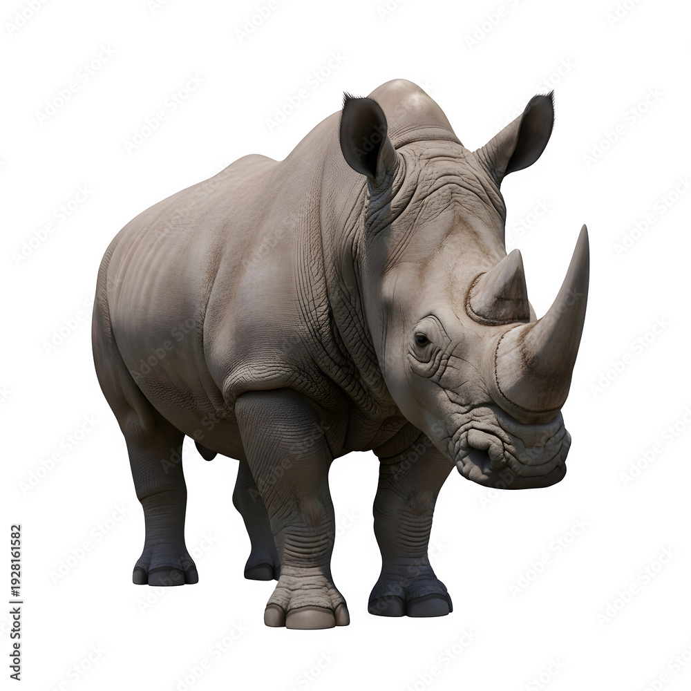 Fototapeta premium White Rhinoceros Standing Isolated on White Background