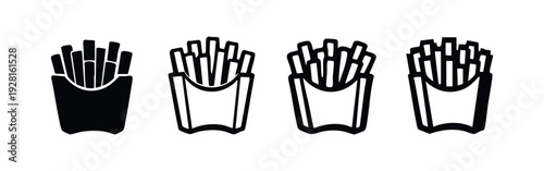 French Fries Icons Set with Solid, Outline, Hand-Drawn, and Pixel Art Styles on White Background