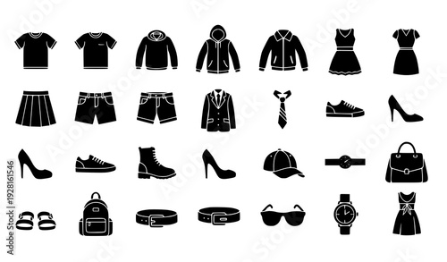 Black Silhouette Everyday Clothing and Fashion Icon Set