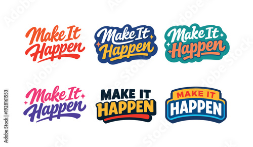 Modern flat holiday banner design highlighting modern lettering logo set for Make It Happen created for high-demand stock