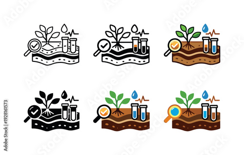 Soil Health Icons Grid. Soil health icon showing stylized soil layers, plants, test tubes, and measurement symbols representing