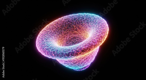 Glowing, textured abstract torus shape illuminates against a deep black background