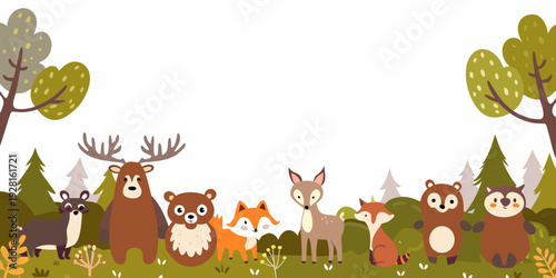 A whimsical forest scene featuring adorable woodland creatures and trees
