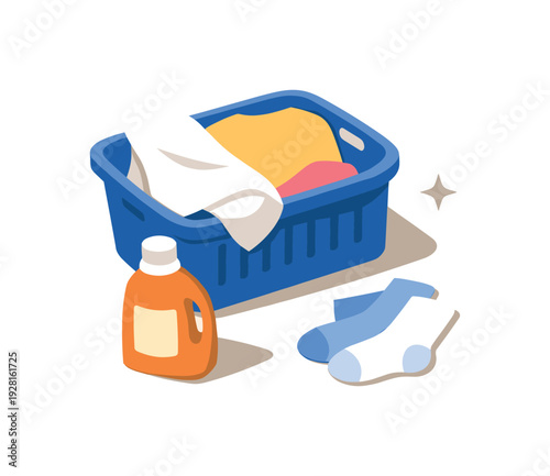 Minimal laundry day home routine with laundry basket detergent and socks loosely arranged seen from a top-down angle, offset to