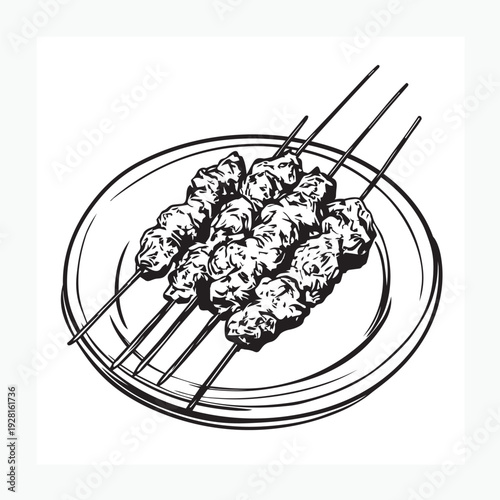 hand drawn vector illustration of a satay on plate