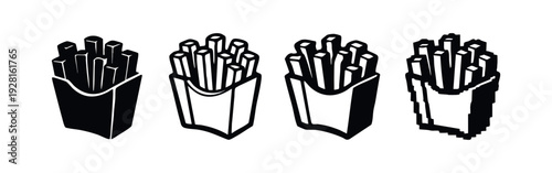 Isometric and Pixel Art French Fries Icons Set with Modern and Stylized Variations on White Background