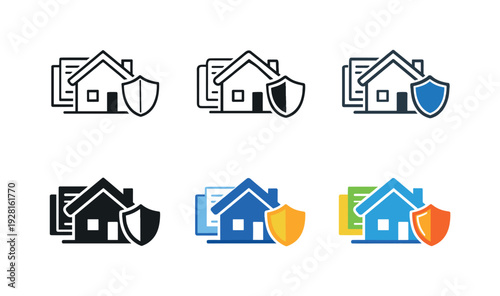 Real estate insurance icon depicting a house with shield symbols, documents, and protective indicators representing property