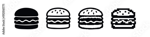 Burger Icons Set with Solid, Outline, Hand-Drawn, and Pixel Art Styles on White Background
