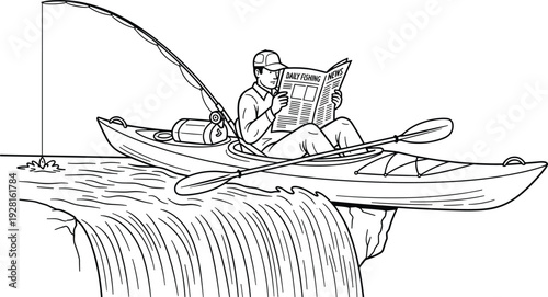 Man reading newspaper while fishing from kayak near waterfall edge, humorous black and white line art illustration