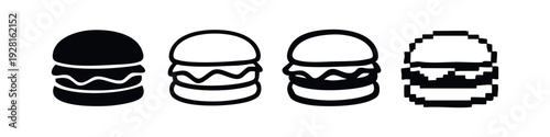 Minimalist Burger Icons Set with Simple Outline and Pixel Art Styles on White Background