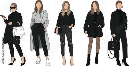 Minimalist flat vector illustration set of women wearing trendy seasonal outfits including trench coats, sweaters, blazers, and high waisted trousers.
