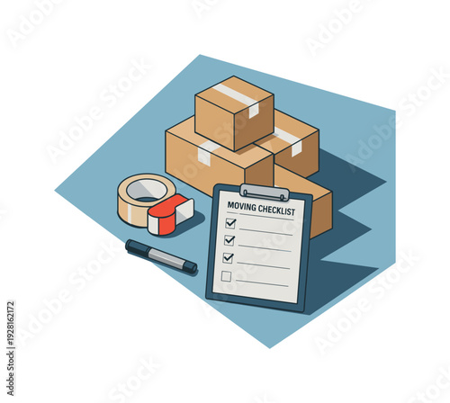 Refined contemporary moving house packing concept with essential boxes tape roll marker and checklist subtly offset and aligned