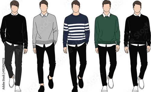 Minimalist flat vector illustration set of men wearing trendy smart casual outfits including sweaters, collared shirts, trousers, and white sneakers.