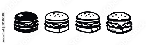 Isometric and Pixel Art Burger Icons Set with Modern and Stylized Variations on White Background