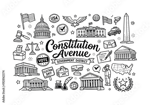 Constitution Avenue government district concept, hand drawn doodle elements set, center hand-lettered title, black & white vector