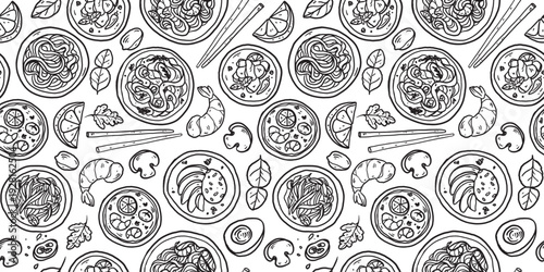 Hand drawn Thai food seamless pattern. Asian food  doodles. Hand drawn vector illustration for menu, packaging design. Thai cuisine. Simple sketch style. Minimalist line art