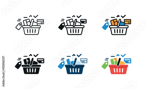 Consumer cart icon depicting a stylized shopping basket, product boxes, price tags, and digital transaction symbols representing