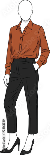 Minimalist flat vector illustration of a professional woman wearing a rust colored button down shirt, cropped black trousers, and heels.