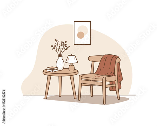 Calm minimal interior decor styling with chair and decor slightly angled for balance shown from front view, arranged in the right