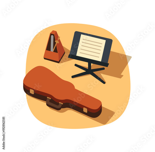 Music practice essentials concept with simple metronome sheet stand and instrument case arranged neatly seen from top-down view,