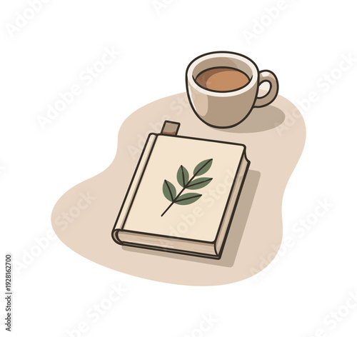 Calm digital detox lifestyle concept with book and cup slightly angled for balance shown from above, arranged in the right third