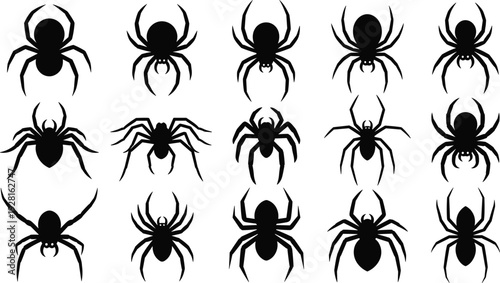 Spider silhouette collection, black arachnid icons, creepy Halloween design elements, isolated vector illustration set, spooky insect shapes bundle