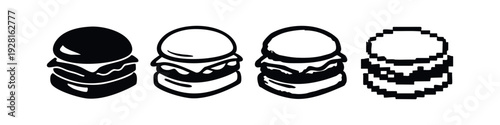 Glossy and Pixel Art Burger Icons Set with Rounded and Stylized Variations on White Background