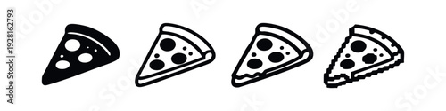 Pizza Slice Icons Set with Solid, Outline, Hand-Drawn, and Pixel Art Styles on White Background