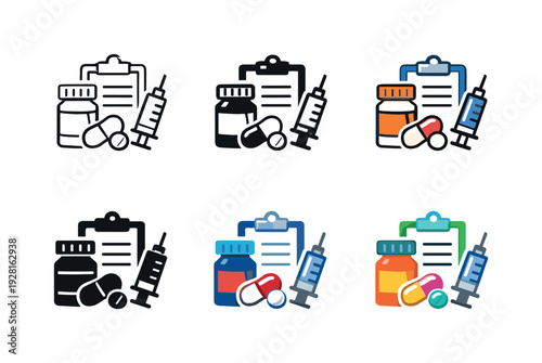 Medication management icon featuring a pill, prescription bottle, clipboard, and syringe, symbolizing proper drug administration,