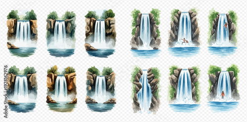 Set of beautiful watercolor waterfalls with rocks and lush green foliage, flowing into a clear blue pool.