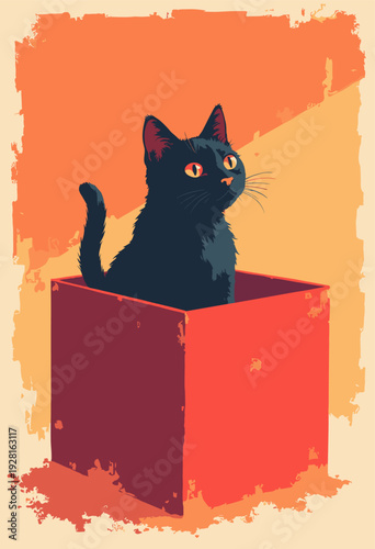 Cat small box, rendered flat 2D shapes no depth box is perfect red square cat is black liquid shape Abstract graphic style No text