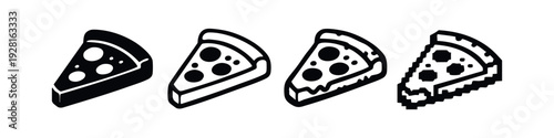 Isometric and Pixel Art Pizza Slice Icons Set with Modern and Stylized Variations on White Background
