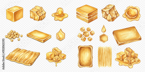 Set of various butter forms, including blocks, cubes, melted butter, and flakes, on a transparent background.