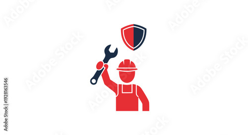 Red Worker Icon Holding Wrench and Shield.