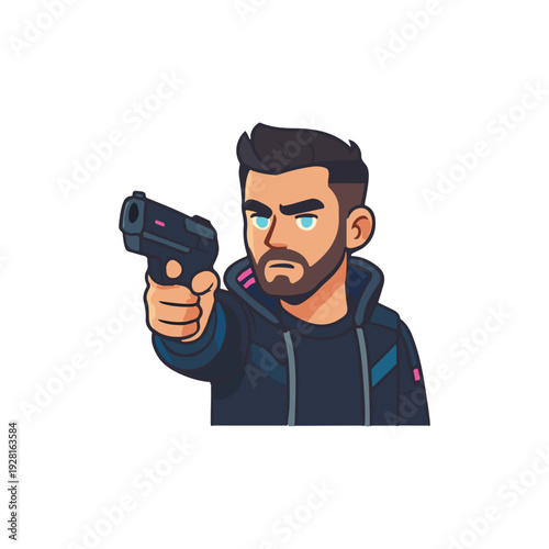 Cyberpunk man aiming gun. Futuristic shooter character. Sci-fi vigilante in action