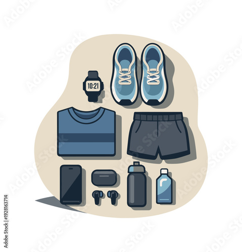 Clean running preparation essentials viewed from above with generic shoes and gear aligned clearly, placed in the right third of