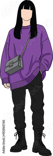 Minimalist flat vector illustration of a young woman wearing an oversized purple sweater, black joggers, combat boots, and crossbody bag.