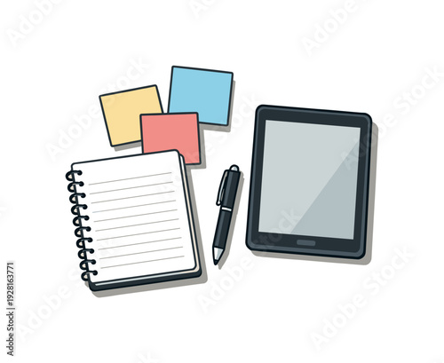 Clean design thinking workshop concept viewed from above with generic notebook sticky notes pen and tablet aligned clearly,