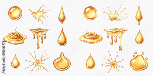 Set of golden liquid drops, splashes, and flowing honey or oil elements on transparent background.