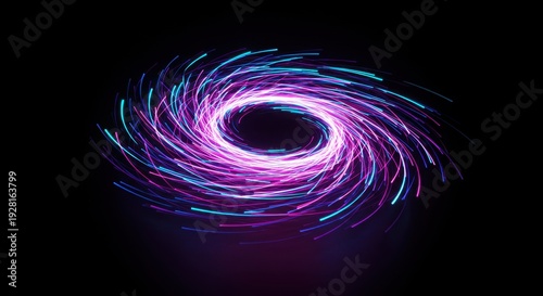 Bright neon light trails spiral dynamically around a central dark void