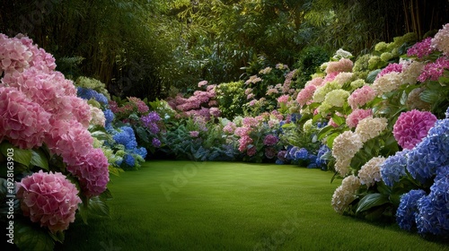 Spring season, garden, flower, fresh, life. A lush garden filled with vibrant pink, blue, and white hydrangeas, set against a backdrop of lush green grass and tall bamboo trees.