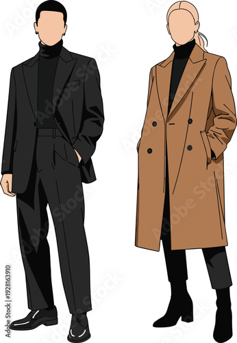 Minimalist flat vector illustration of a man and woman wearing stylish winter outfits including a black suit and camel overcoat.