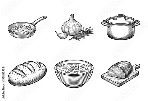 Set of rustic hand drawn culinary illustrations featuring cooking equipment, fresh garlic, rosemary, crusty bread, soup bowl, and roasted meat on a wooden board.