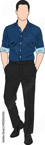Minimalist flat vector illustration of a young man wearing a navy blue button down shirt, black trousers, and formal shoes.