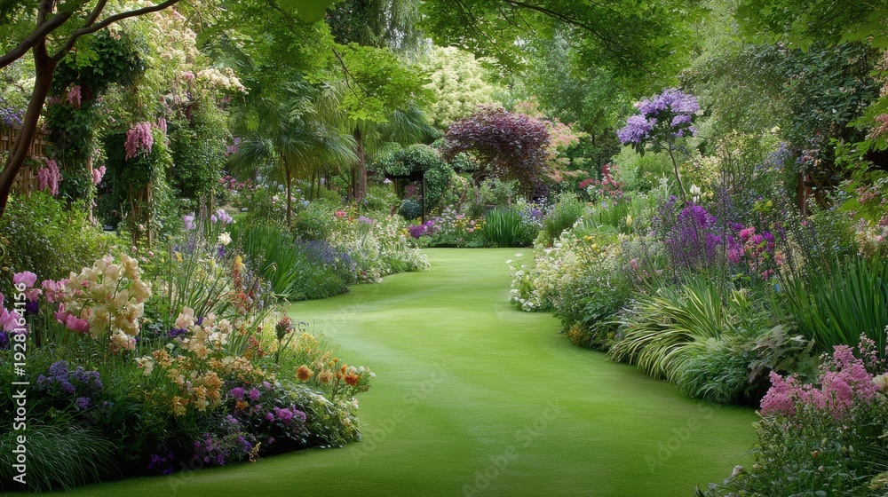Obraz premium Spring season, garden, flower, fresh, life. A lush garden filled with a variety of plants and flowers, including trees and grass, set against a backdrop of a clear blue sky.